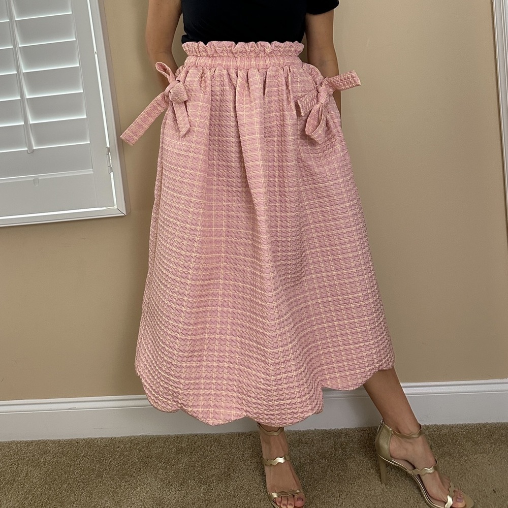 Sister Jane Pink Textured A-Line Midi Skirt with Scallop Hem